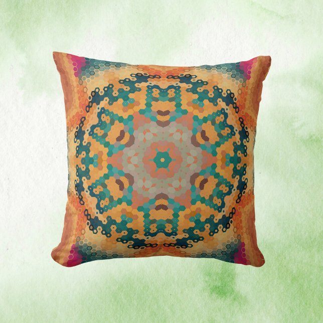 Hex Mandala Orange och Blue Kudde (Orange and Blue Hexagon Mandala Throw Pillow by Wormhole Orbital)