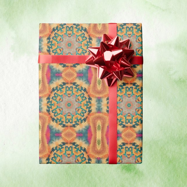 Hex Mandala Orange och Blue Presentpapper (Orange and Blue Hexagon Mandala Wrapping Paper by Wormhole Orbital)