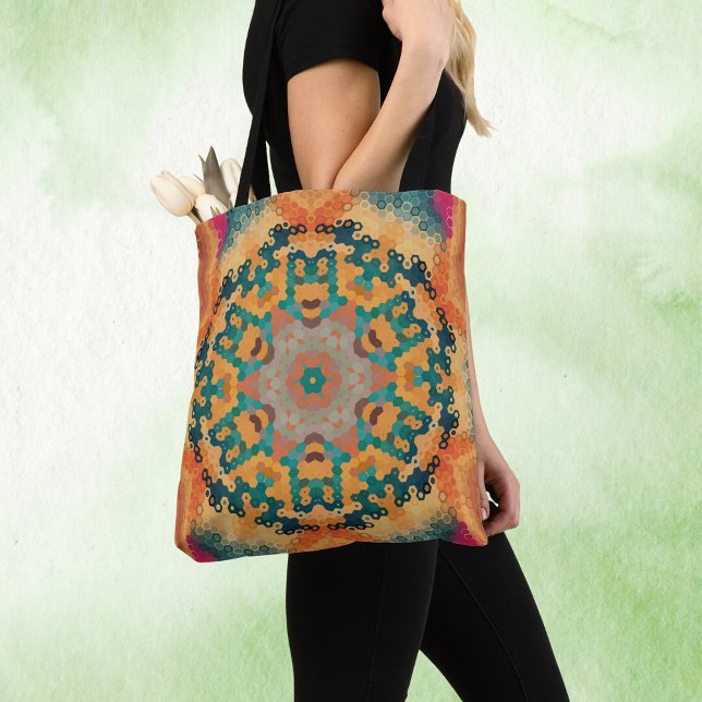 Hex Mandala Orange och Blue Tygkasse (Orange and Blue Hexagon Mandala Tote Bag by Wormhole Orbital)