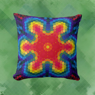 Hex Mandala Red Gult och Blue Kudde