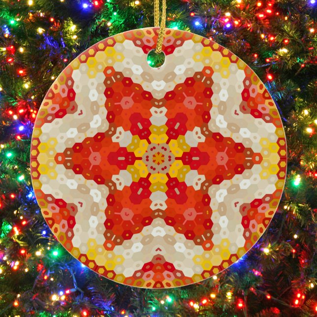 Hex Mandala Red och Gult Julgransprydnad Keramik (Red and Yellow Hexagon Mandala Ornament from Wormhole Orbital)