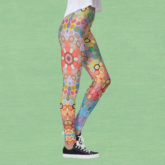 Hex Mandala Regnbåge Leggings (Rainbow Hexagon Mandala Leggings by Wormhole Orbital)