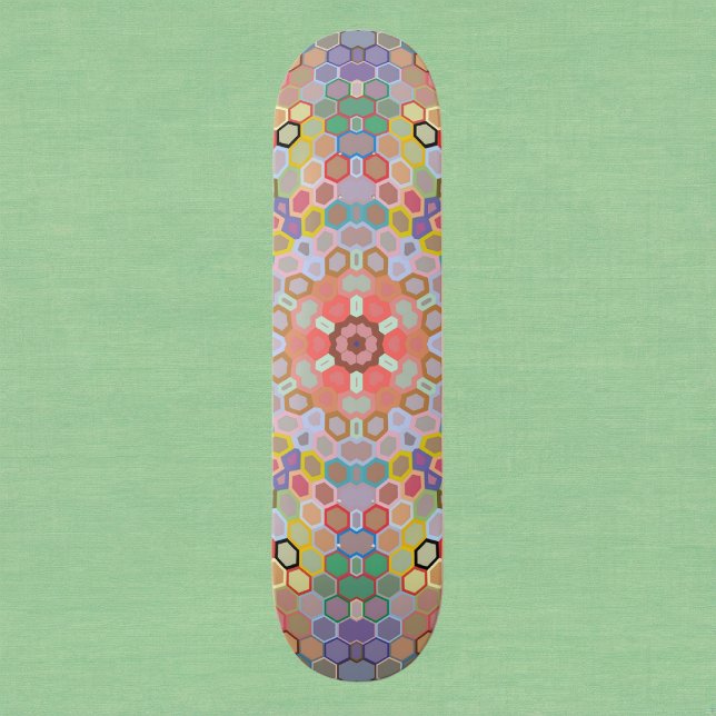 Hex Mandala Regnbåge Mini Skateboard Bräda 18,5 Cm (Rainbow Hexagon Mandala Skate Board by Wormhole Orbital)