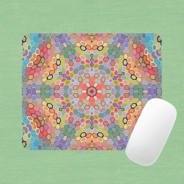 Hex Mandala Regnbåge Musmatta (Rainbow Hexagon Mandala Mouse Pad by Wormhole Orbital)