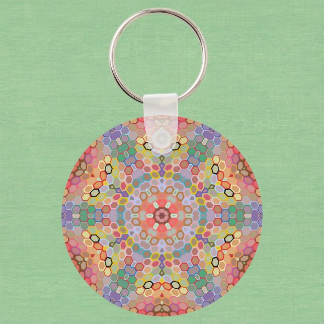 Hex Mandala Regnbåge Nyckelring (Rainbow Hexagon Mandala Keychain by Wormhole Orbital)