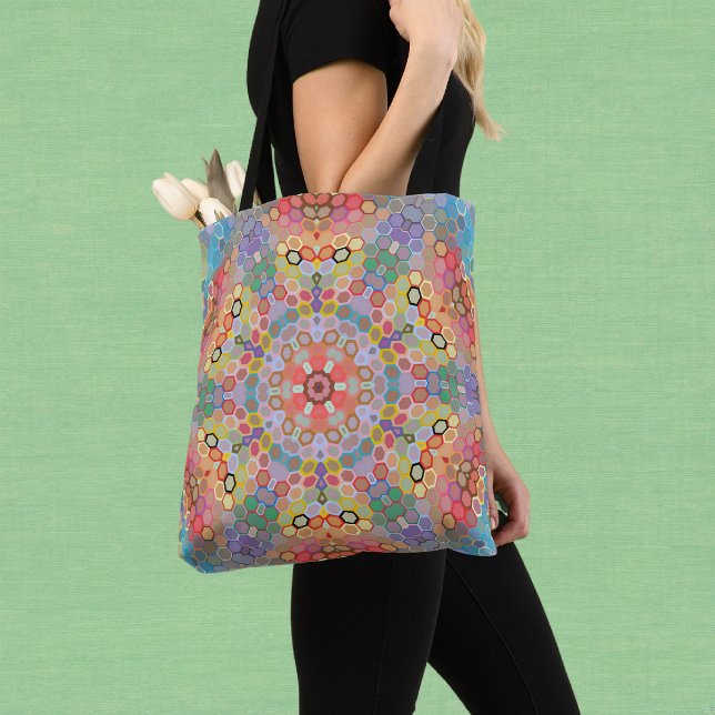 Hex Mandala Regnbåge Tygkasse (Rainbow Hexagon Mandala Tote Bag by Wormhole Orbital)