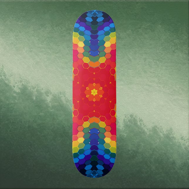 Hex Mandala Röd Gul och Blå Mini Skateboard Bräda 18,5 Cm (Red Yellow and Blue Hexagon Mandala Skate Board by Wormhole Orbital)