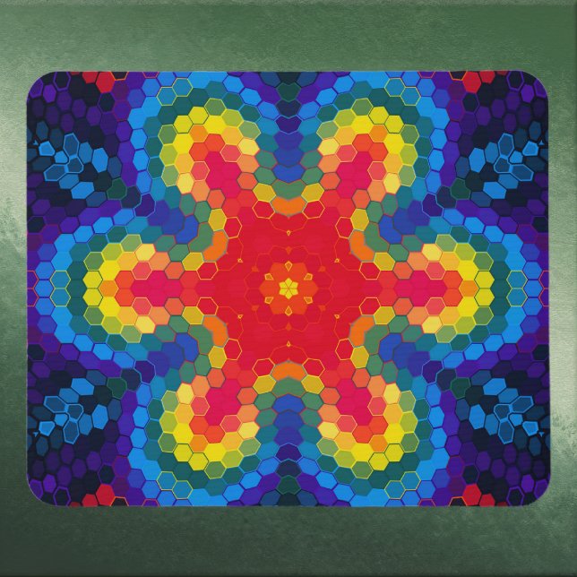 Hex Mandala Röd Gul och Blå Musmatta (Red Yellow and Blue Hexagon Mandala Mouse Pad by Wormhole Orbital)