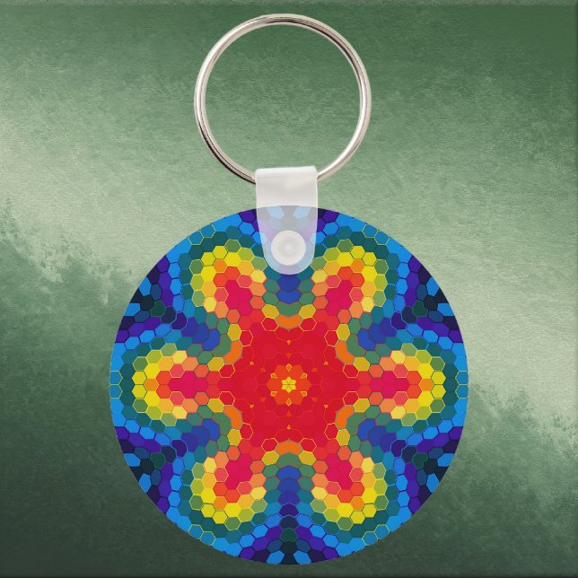 Hex Mandala Röd Gul och Blå Nyckelring (Red Yellow and Blue Hexagon Mandala Keychain by Wormhole Orbital)