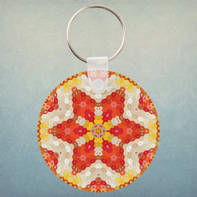 Hex Mandala Röd och Gul Nyckelring (Red and Yellow Hexagon Mandala Keychain by Wormhole Orbital)