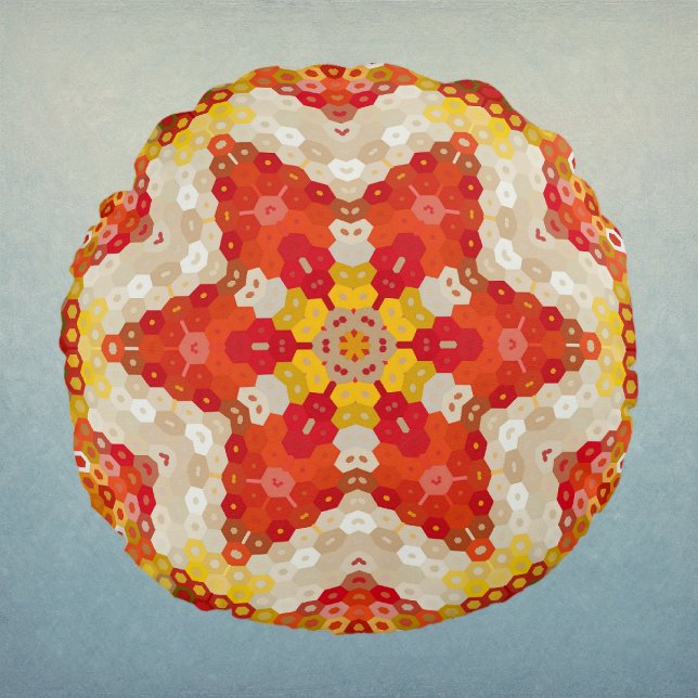 Hex Mandala Röd och Gul Rund Kudde (Red and Yellow Hexagon Mandala Round Pillow by Wormhole Orbital)