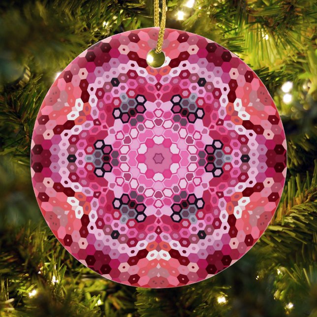 Hex Mandala Rosa Red and White Julgransprydnad Keramik (Pink Red and White Hexagon Mandala Christmas Ornament from Wormhole Orbital)