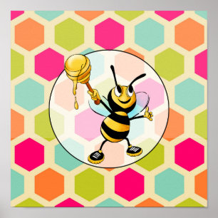 Hexagon Background with honey Bee Poster