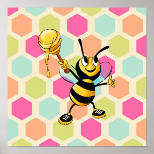 Hexagon Background with honey Bee Poster
