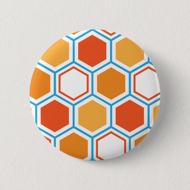 Hexagon i orange, blå och vit knapp (Framsida)