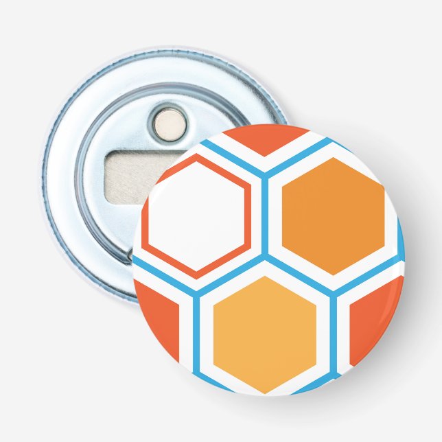 Hexagon i orange, blått och vitt flasköppnare (Framsidan)