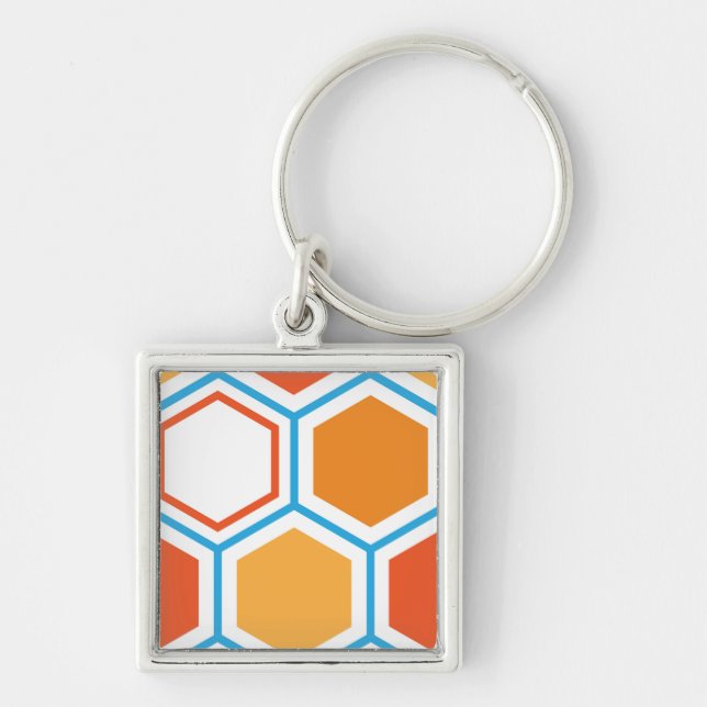 Hexagon i orange, blått och vitt fyrkantig silverfärgad nyckelring (Framsidan)