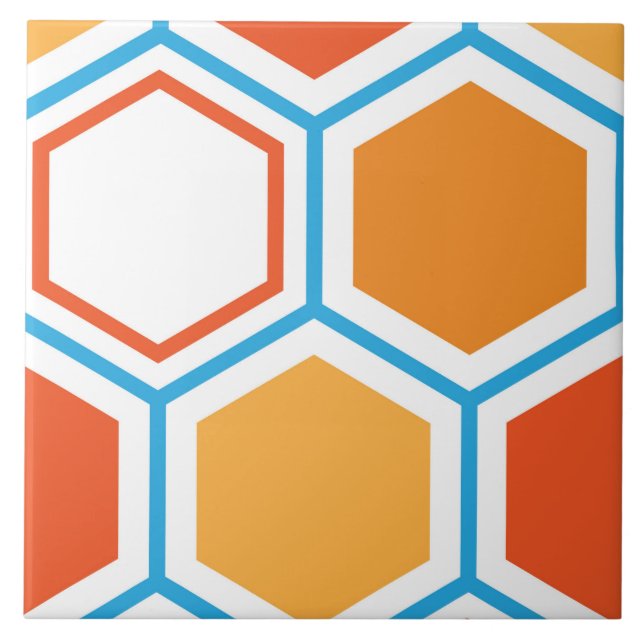 Hexagon i orange, blått och vitt kakelplatta (Framsidan)