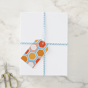 Hexagon i orange, blått och vitt presentetikett
