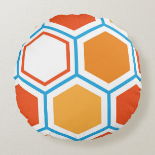 Hexagon i orange, blått och vitt rund kudde