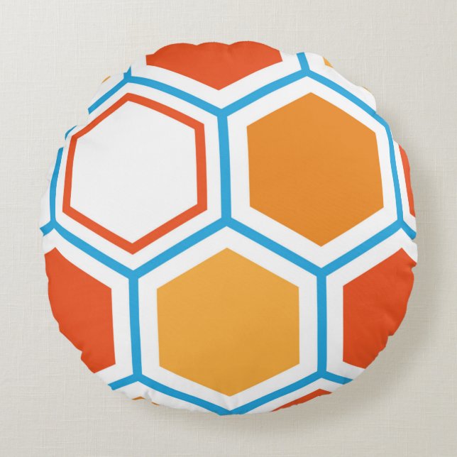 Hexagon i orange, blått och vitt rund kudde (Framsidan)