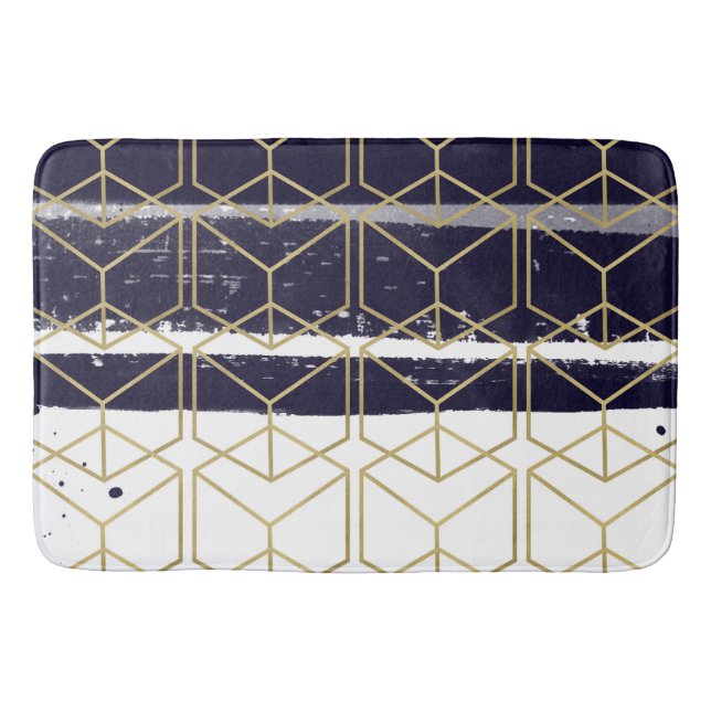 Hexagon Modern Marinblå Guld Geometrisk Glam Badrumsmatta (Framsidan)