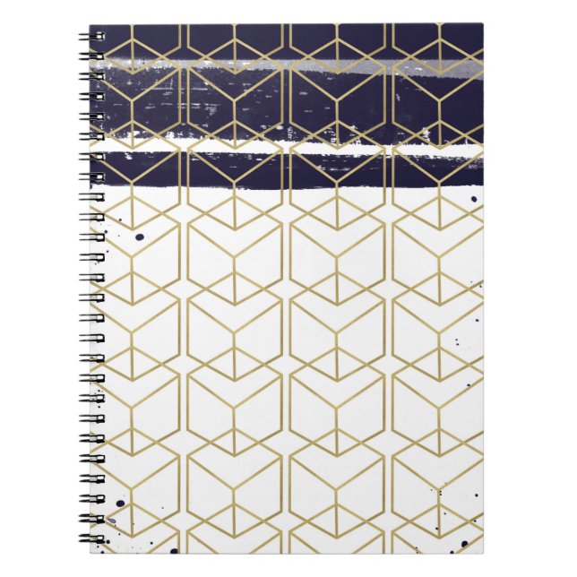 Hexagon Modern Navy Blue Guld Geometric Glam Anteckningsbok Med Spiral (Framsidan)
