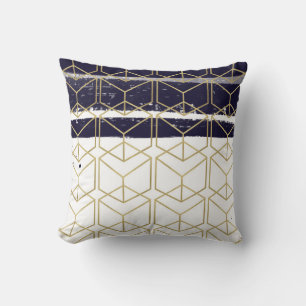 Hexagon Modern Navy Blue Guld Geometric Glam Kudde