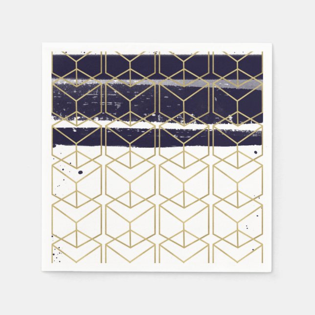 Hexagon Modern Navy Blue Guld Geometric Glam Party Pappersservett (Framsidan)