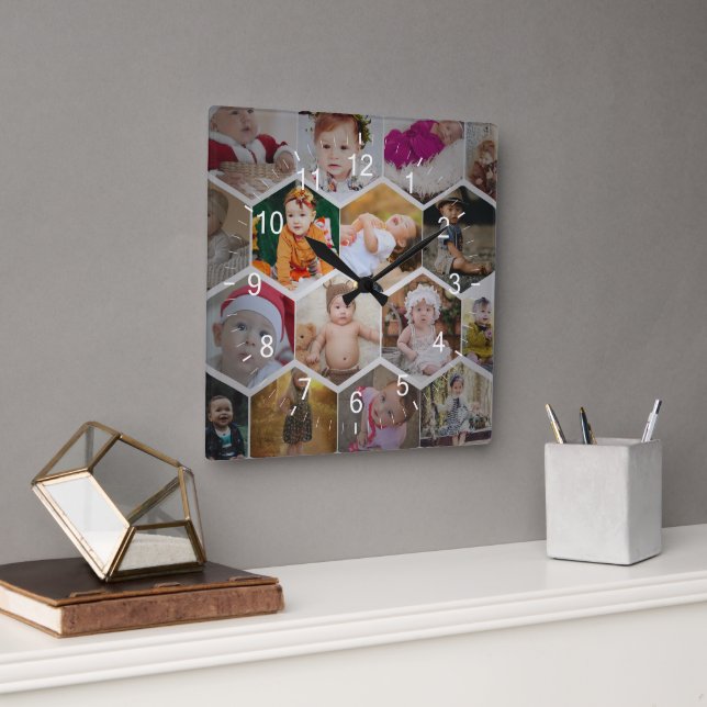 Hexagon Photo Collage Fyrkantig Klocka (Kontor)