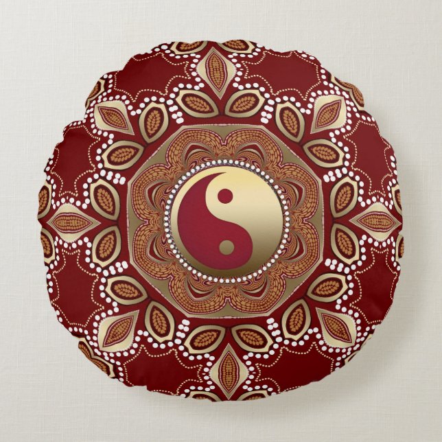 Hexagon Red Earth Guld Yin Yang Feng Shui Mandala Rund Kudde (Framsidan)