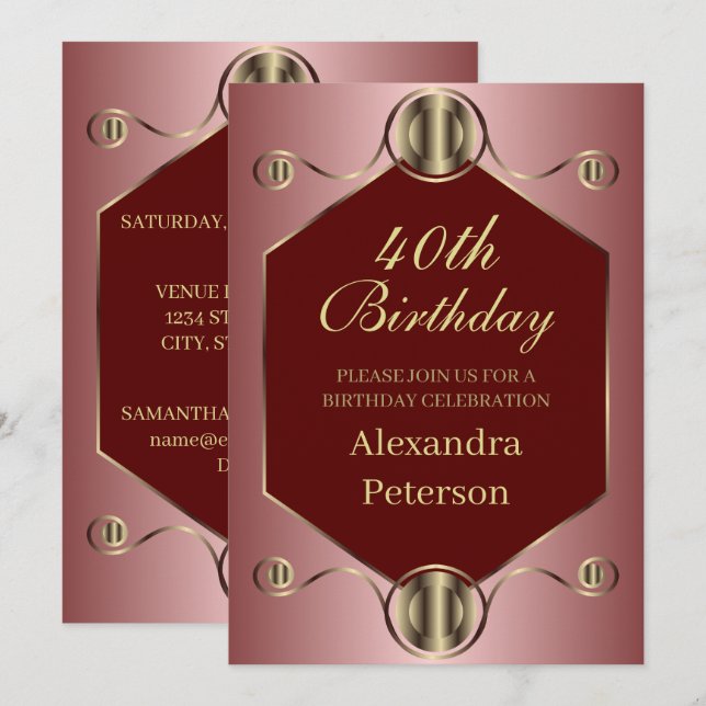 Hexagon Rosa Red and Guld Geometric Birthday Inbjudningar (Fram/baksida)