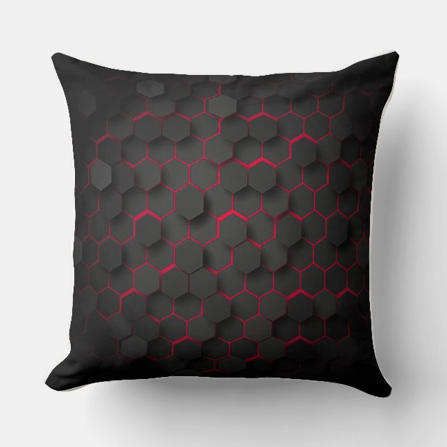 Hexagonal Harmony Bold Black and Red Polyester Kudde (Framsida)