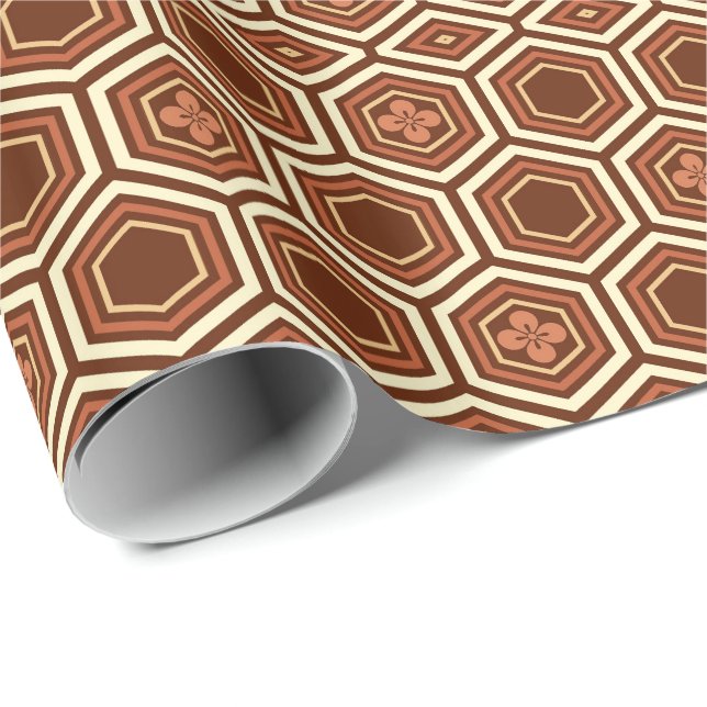 Hexagonal Kimono Print, Brown och Beige Presentpapper (Rullad Hörn)