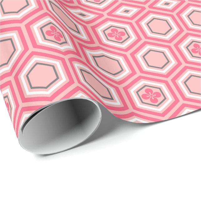 Hexagonal Kimono Print, Coral Rosa and White Presentpapper (Rullad Hörn)