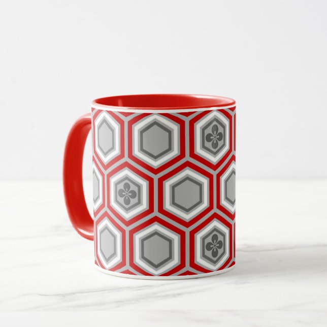 Hexagonal Kimono Print, Red and Grått / Grått Mugg (Framsida vänster)