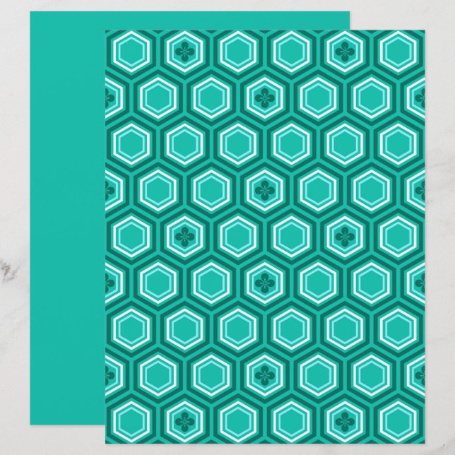 Hexagonal Kimono Print, Teal, Aqua and White (Fram/baksida)