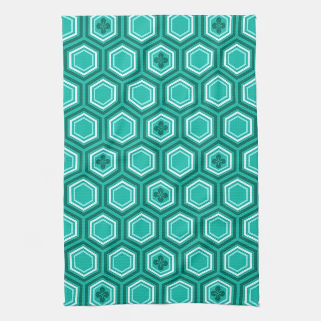 Hexagonal Kimono Print, Teal, Aqua and White Kökshandduk (Vertikal)