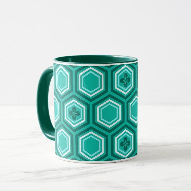 Hexagonal Kimono Print, Teal, Aqua and White Mugg (Framsida vänster)