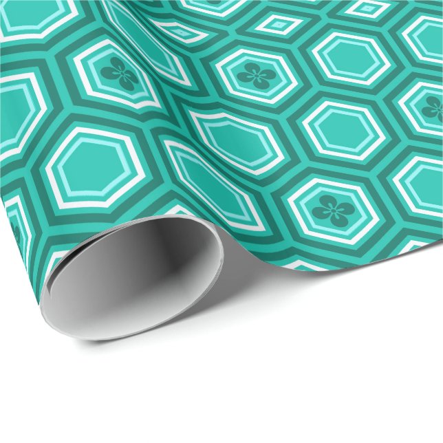 Hexagonal Kimono Print, Teal, Aqua and White Presentpapper (Rullad Hörn)