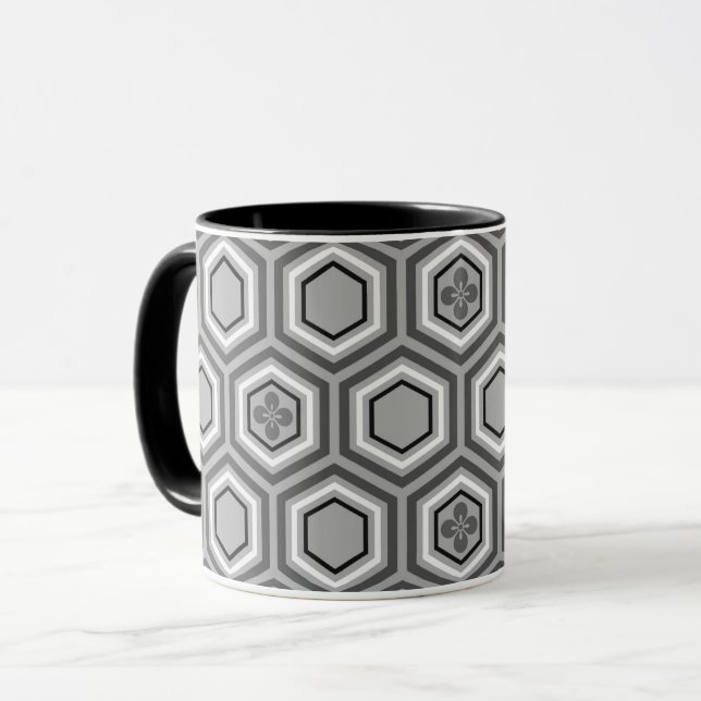 Hexagonal Kimono-utskrift, Grått/Grått och vit Mugg (Framsida vänster)