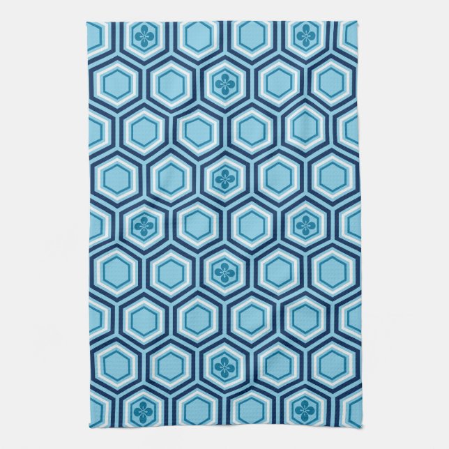 Hexagonal Kimono-utskrift, marin och ljusblå Kökshandduk (Vertikal)