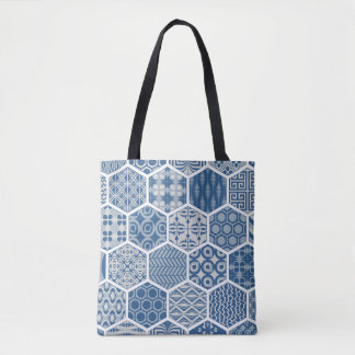 Hexagonal Mönster Tote i Blue & Grått Tygkasse