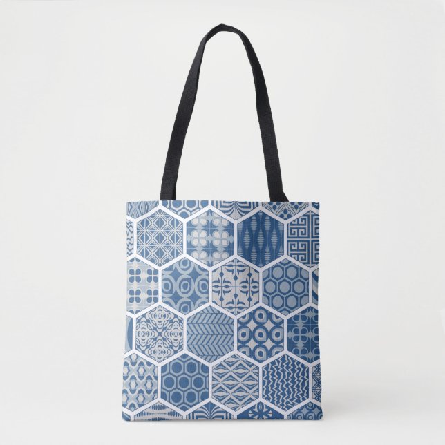 Hexagonal Mönster Tote i Blue & Grått Tygkasse (Framsida)