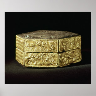 Hexagonal pyxis dekorerad med djur poster