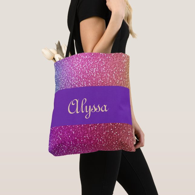 Hexagonal regnbågsövertoning Glitter Tygkasse (Närbild)