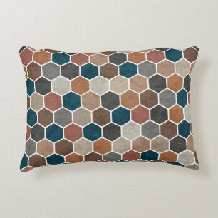 Hexagonalt texturerat Mönster Blue Brown-Grått Prydnadskudde