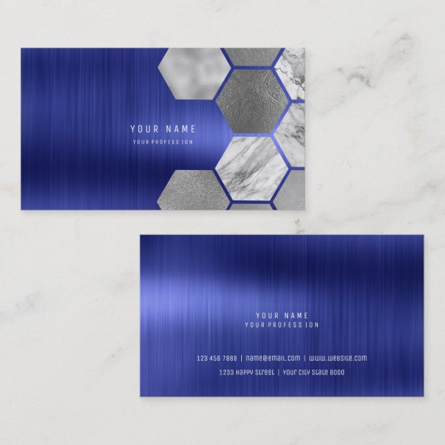 Hexagone Cobalt Sapphire Metallic Steel Marble Visitkort (Fram/baksida)