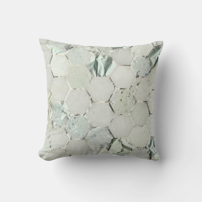 Hexagone Mint Aqua Silver Grått Metall Marble Ston Kudde (Framsida)