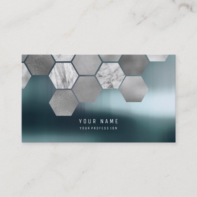 Hexagone Teal Metallic Steel Marble Silver Grått Visitkort (Framsida)